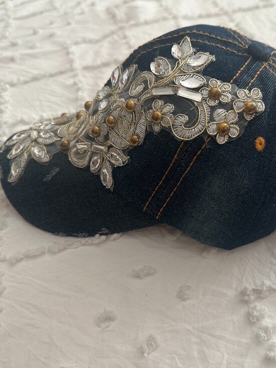 Embellished Denim Cap Jeweled Floral Appliqué Boutique Hat main image 3